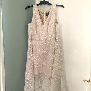 White cocktail dress.  Perfect for Brides at shower. Plus-size Adrianna Papell